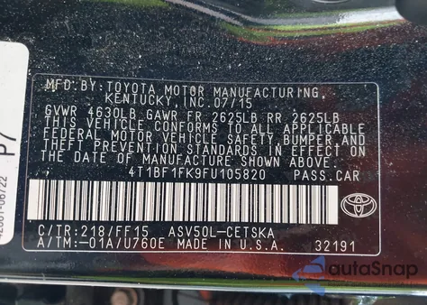 2015 Toyota Camry Se z USA, uszkodzony, nr VIN 4T1BF1FK9FU105820